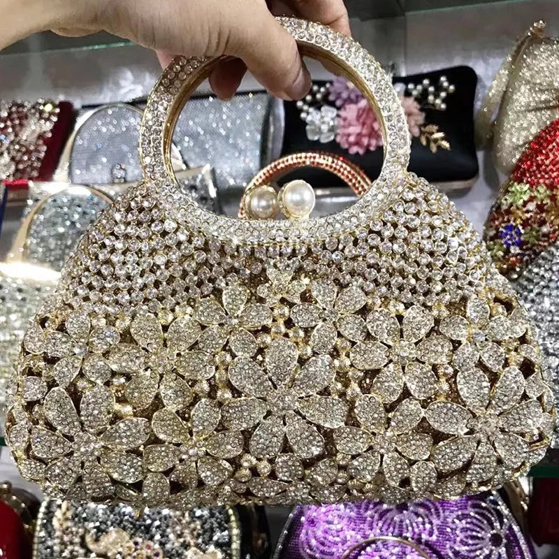Metallic Gold Crystal  and Pearl Clutch Bag