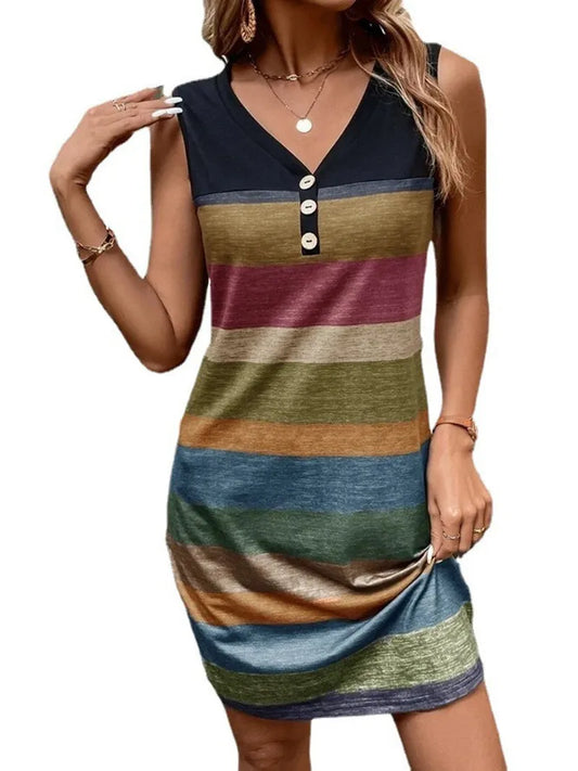 Summer Stripes Sleeveless V-Neck Knit Dress