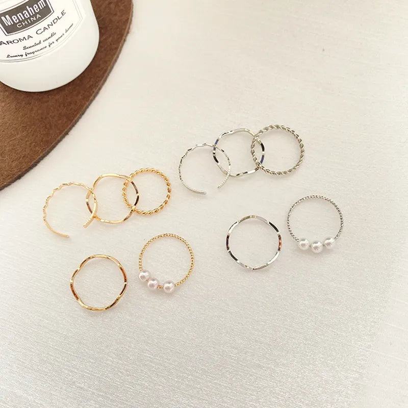 5 pc Simple Pearl and Wavy Gold or Silver Colored Fashion Rings