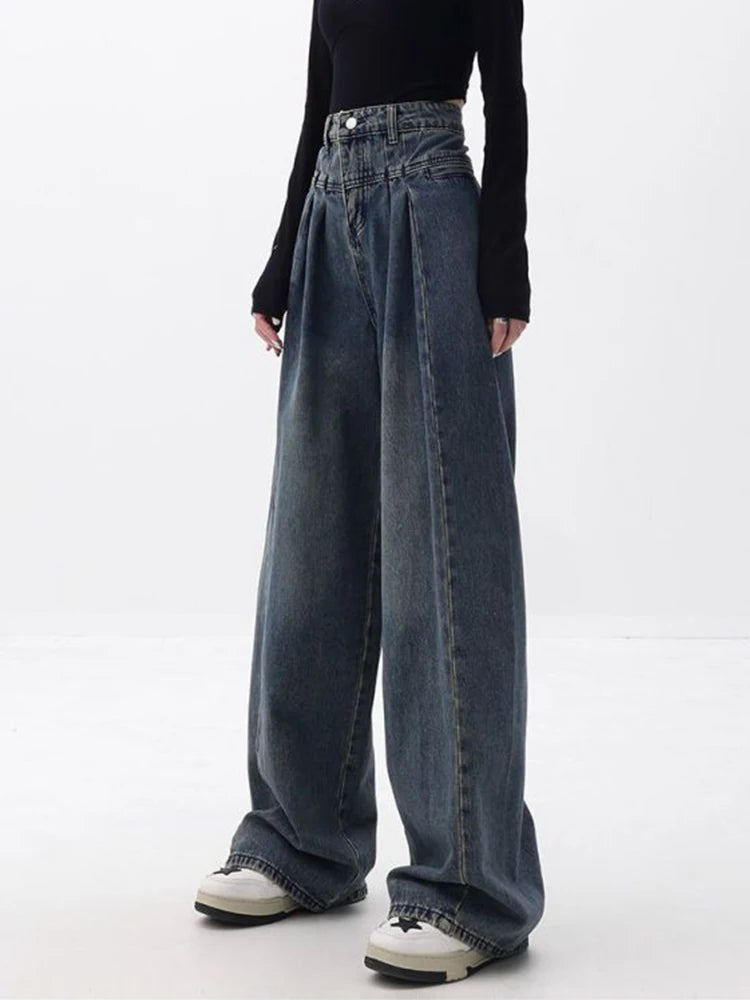 Hip Hop Pleated Wide Leg Distressed Jeans