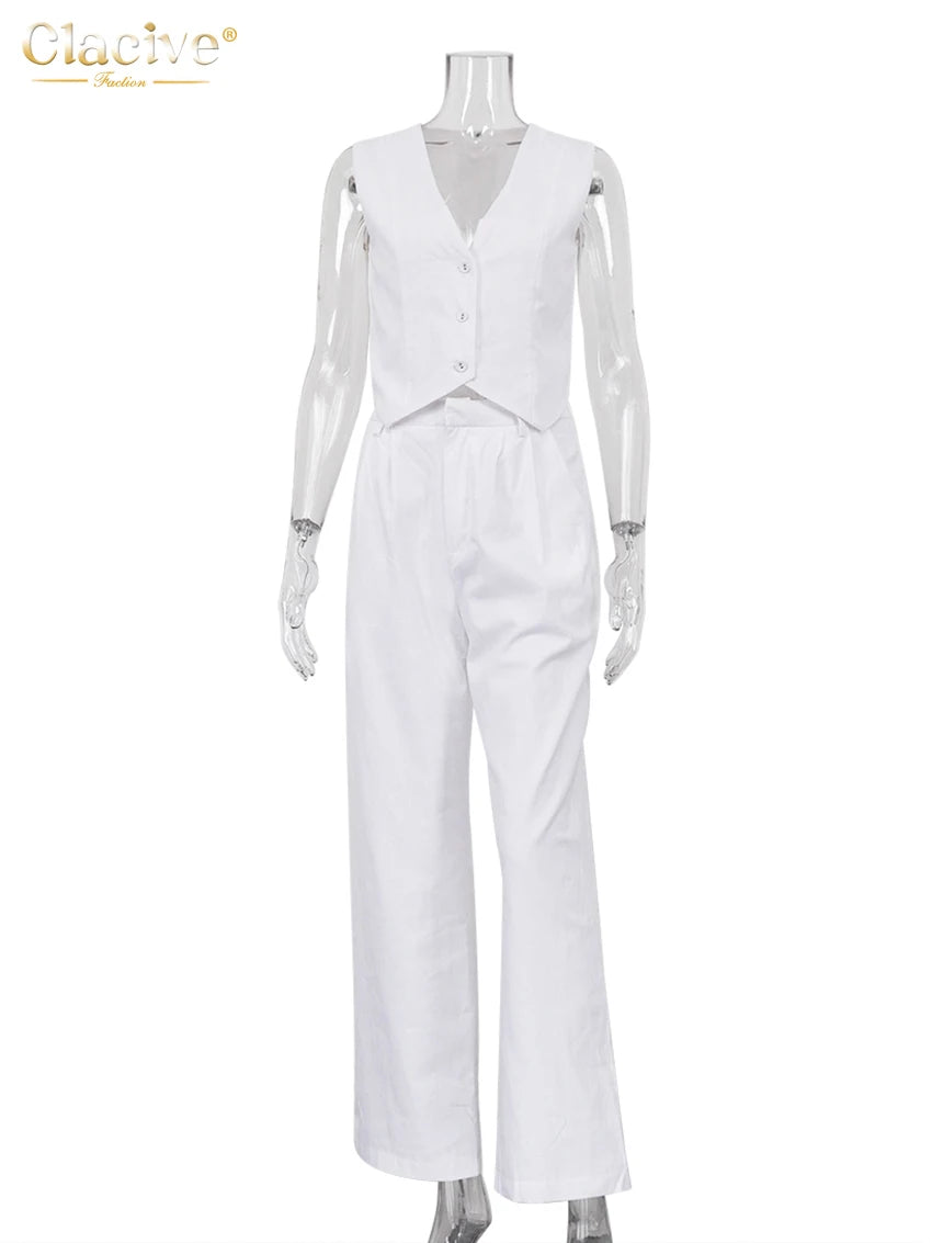 Summer Linen Two Piece Set: Vest and Matching High Waist Wide Leg Pants