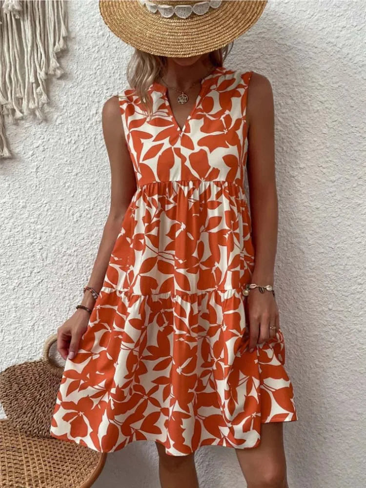 Perfect for a Day at the Beach! Summer Boho Print Loose V-Neck Dress