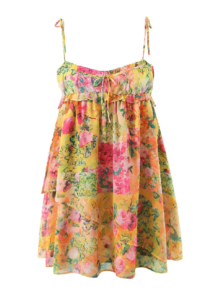 Boho Ruched Top Floral Print Spaghetti Strap Mini Dress