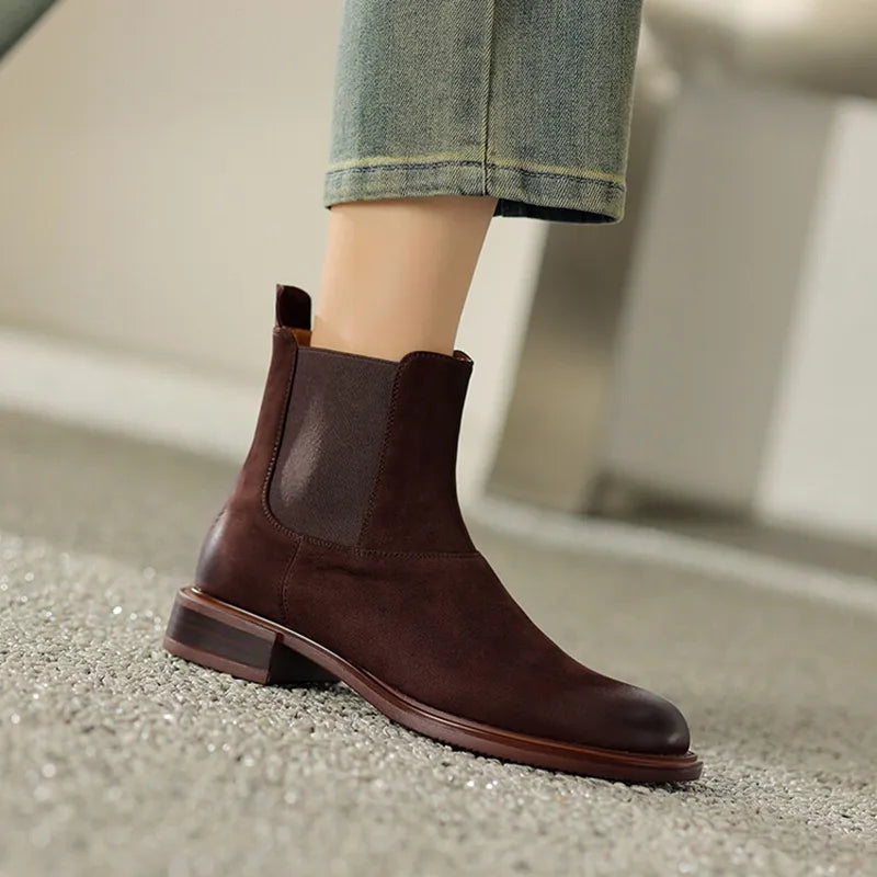 Women's Round Toe Leather Ankle Boots