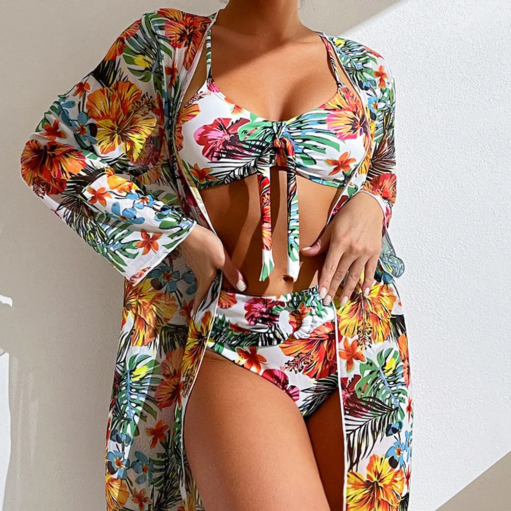 3-Piece Floral Print Swimwear: Bikini with Cover Up S-3XL