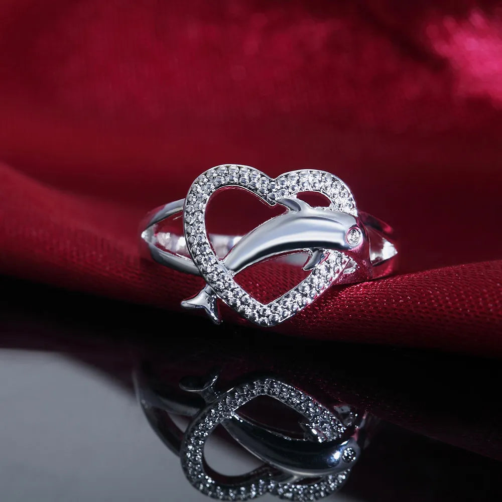 925 Sterling Silver Dolphin Heart Ring