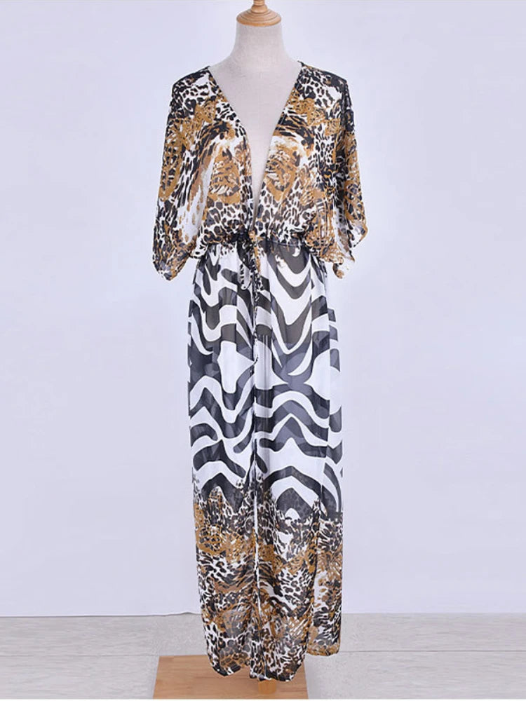 Leopard Print Tie Waist Long Chiffon Beachwear Kimono
