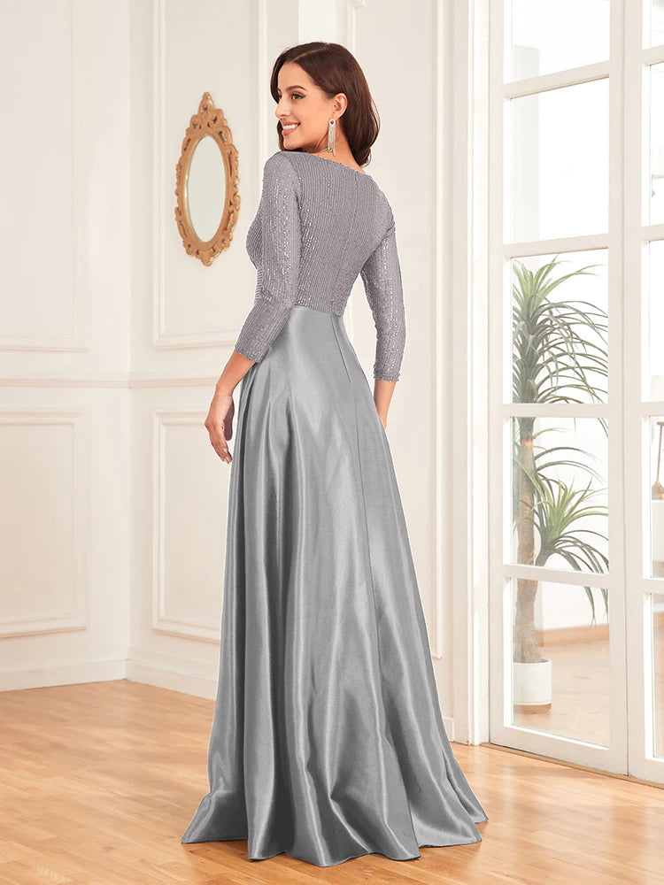 Floor Length Evening Dresses Sequined Bodice, Satin Skirt
