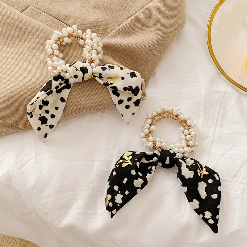 Fashion Pearl Scrunchie with long Ribbon Ties - various designs