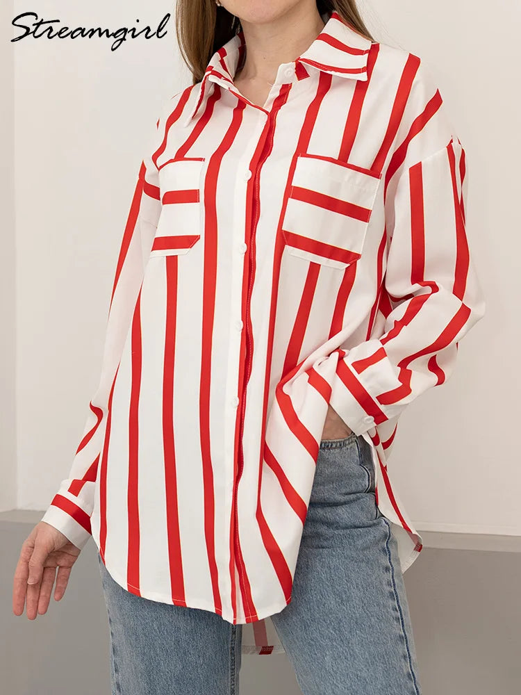 Vintage Style Striped Long Sleeve Oversize Blouse