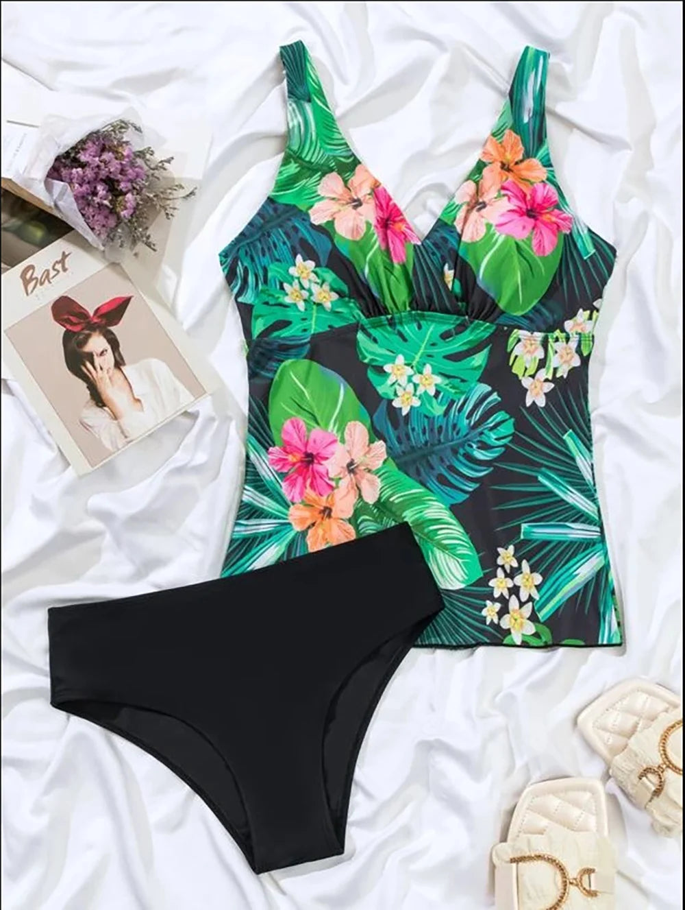 Leaf Print Two-Piece Tankini Swimsuit