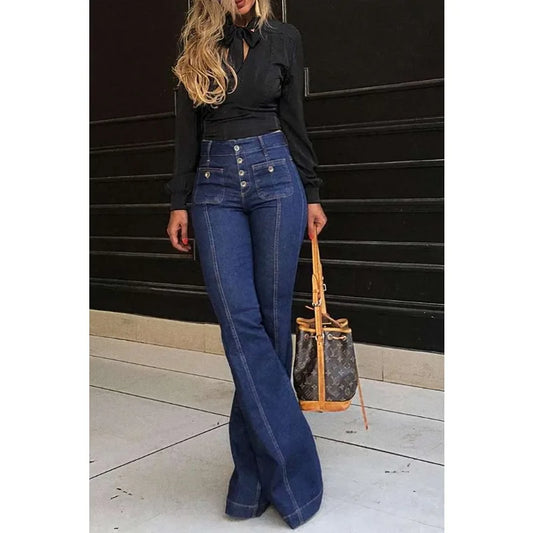 Retro High Rise Stretch Washed Denim Bell-Bottom Jeans