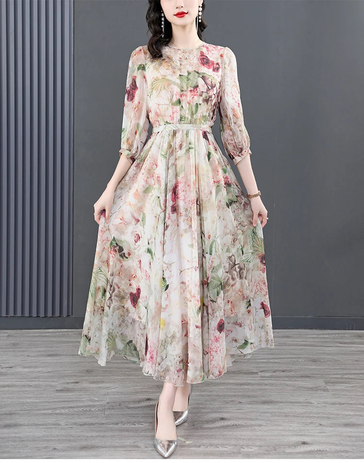 Elegant Silk Floral Boho Midi Dress
