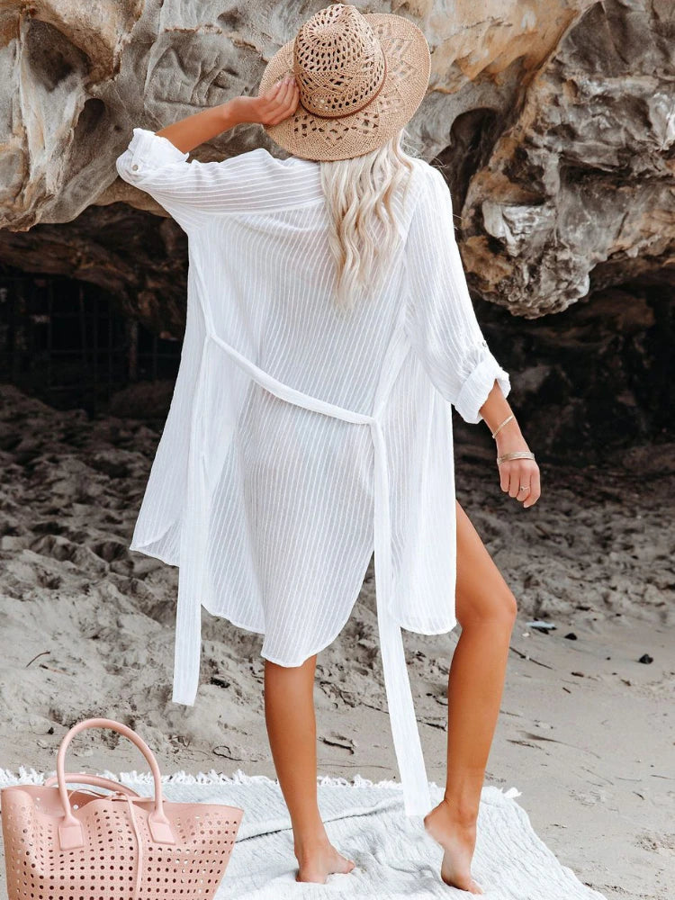 Self-Belted Beach Cover Up Shirt in White or Black