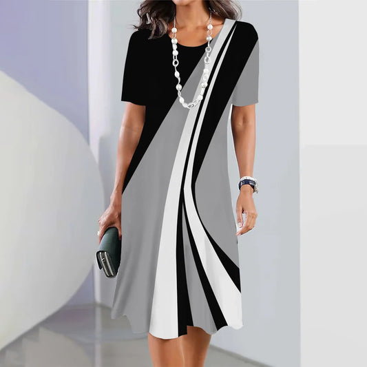 Flared Stripe Short Sleeve Knee Length Dress