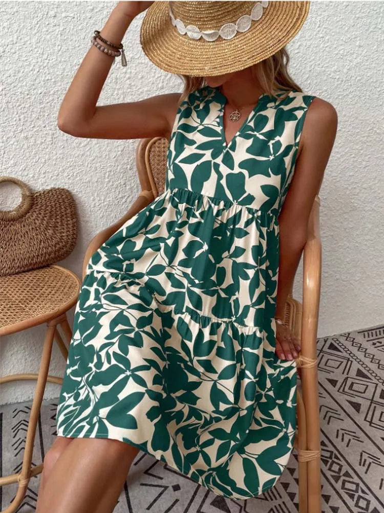 Perfect for a Day at the Beach! Summer Boho Print Loose V-Neck Dress