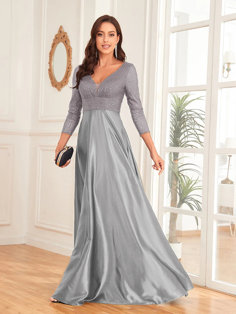 Floor Length Evening Dresses Sequined Bodice, Satin Skirt
