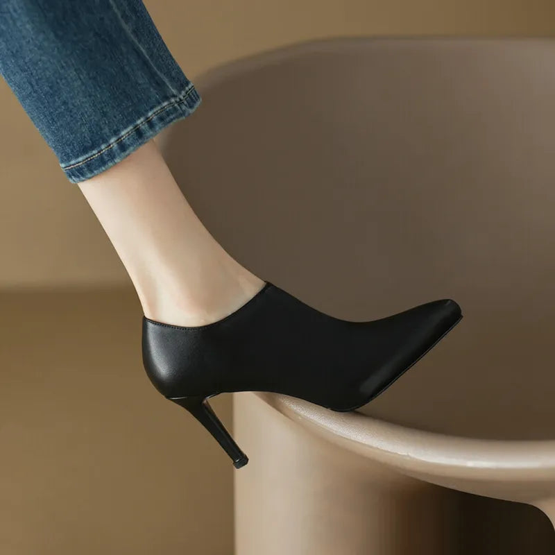 Pointed Toe Thin Heel Leather Ankle Boots