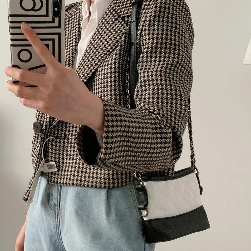 Vintage Plaid Cropped Double Breasted Blazer