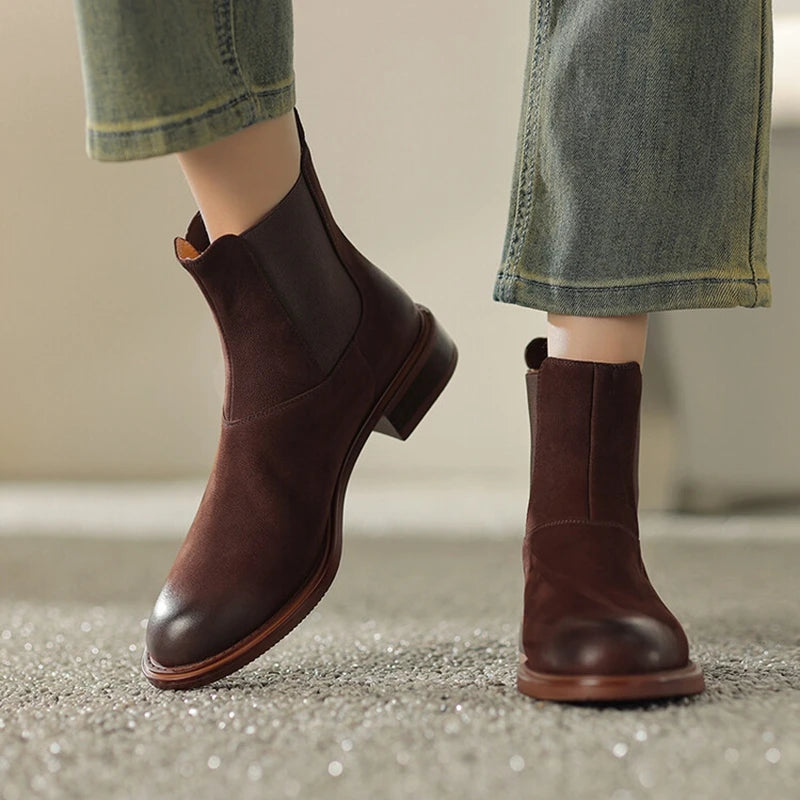 Women's Round Toe Leather Ankle Boots