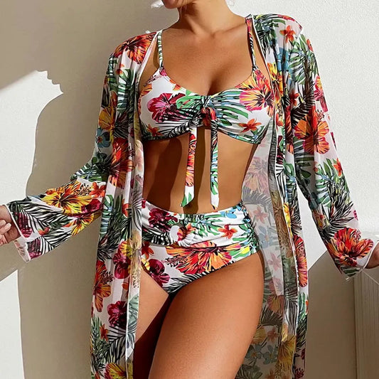 3-Piece Floral Print Swimwear: Bikini with Cover Up S-3XL