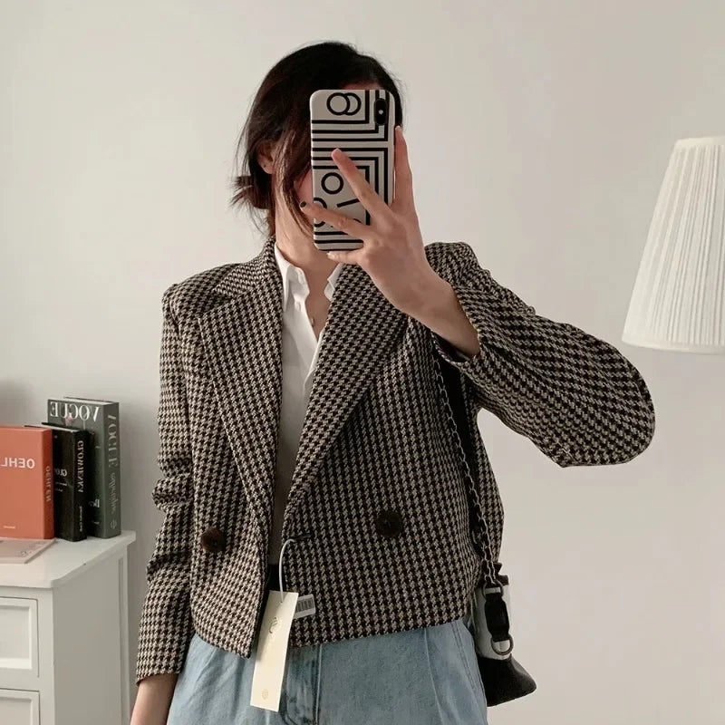 Vintage Plaid Cropped Double Breasted Blazer