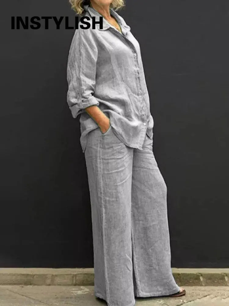 Linen Two Piece Long Sleeve Shirt/Pants Set - Available in Plus Sizes
