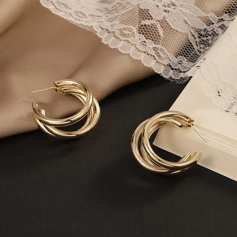 Triple Circle Hoops C-Type Earrings in Silver and Gold