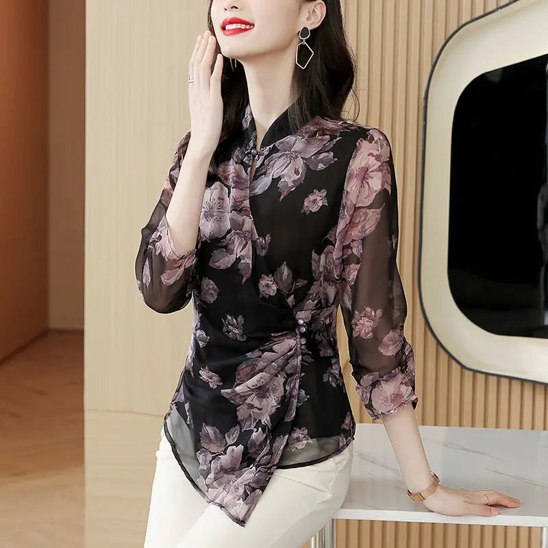 Retro Chiffon Mandarin Collar Blouse with Crossover Button Front and Neck